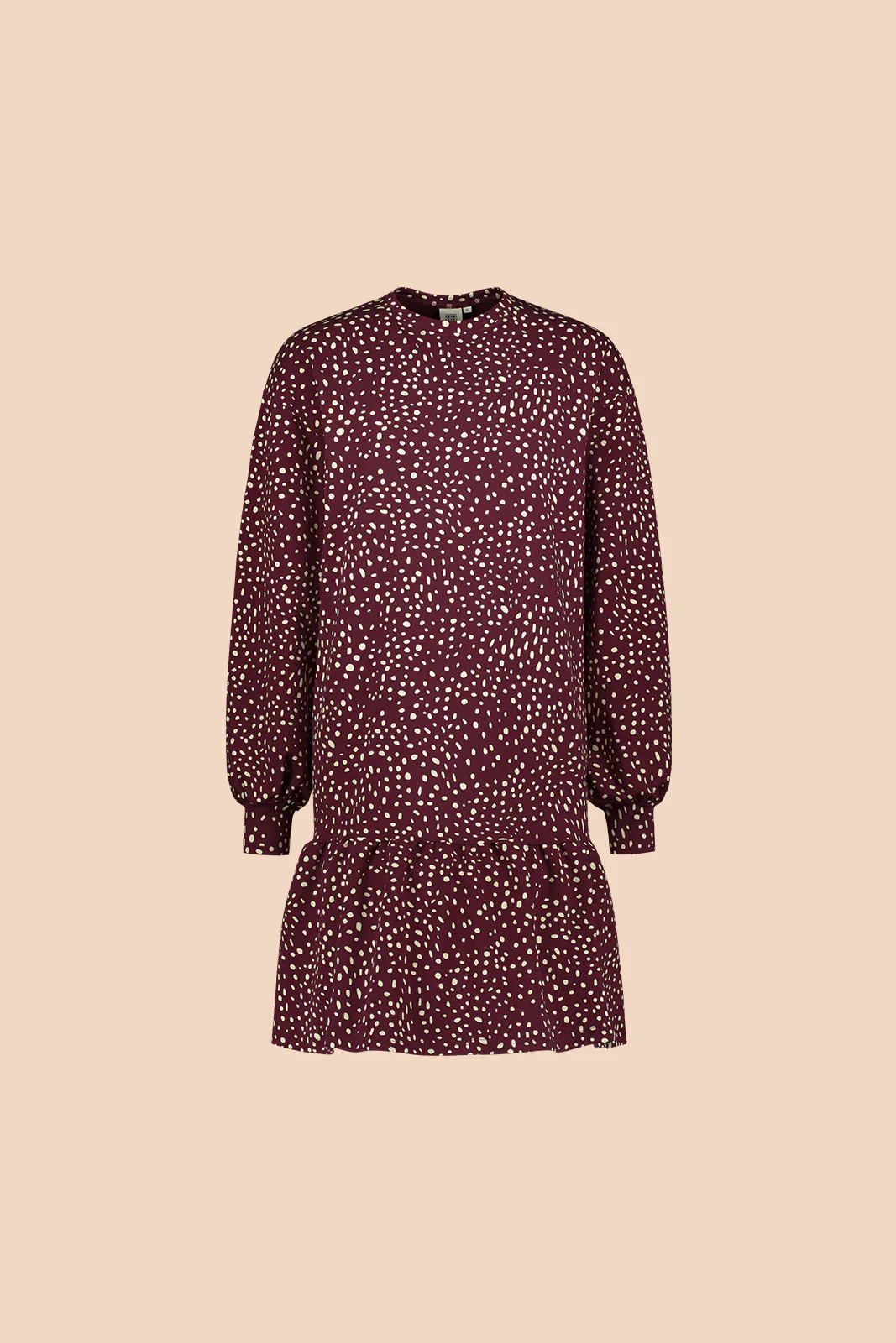 Ruffle Sweatshirt Dress, Wild Dots Burgundy - Image 3