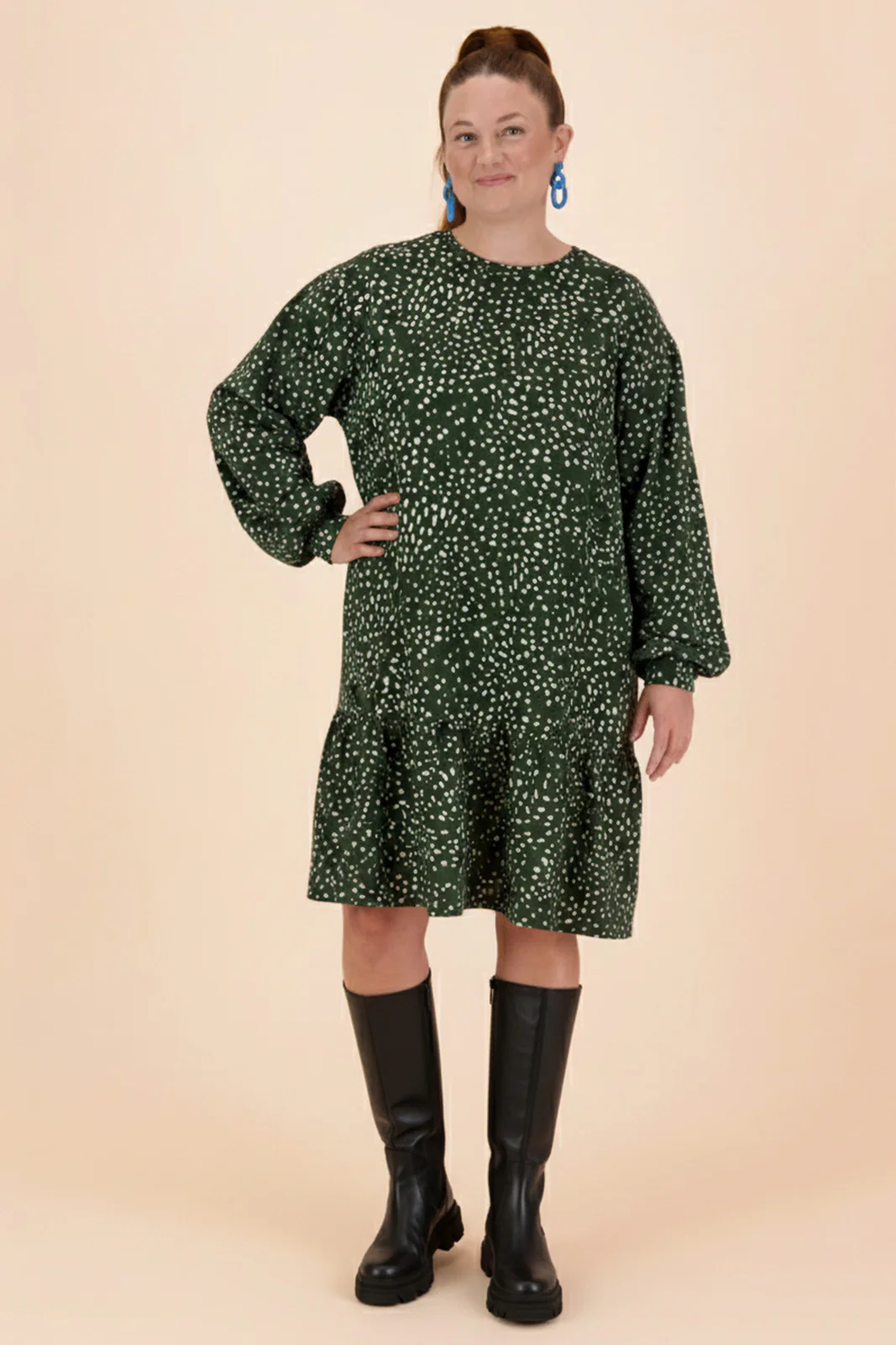 Ruffle Sweatshirt Dress, Wild Dots Moss
