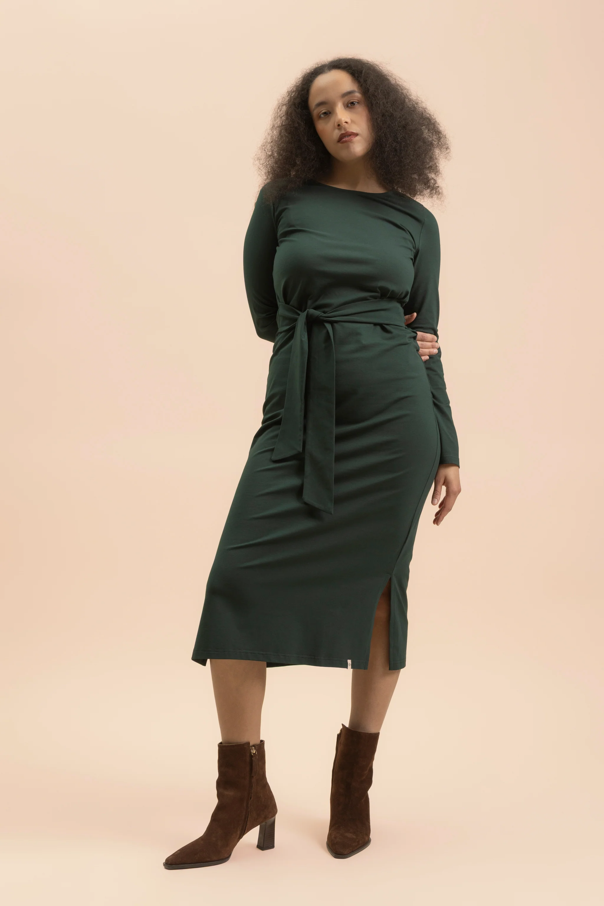 Midi Belted Dress, Dark Green - Image 5