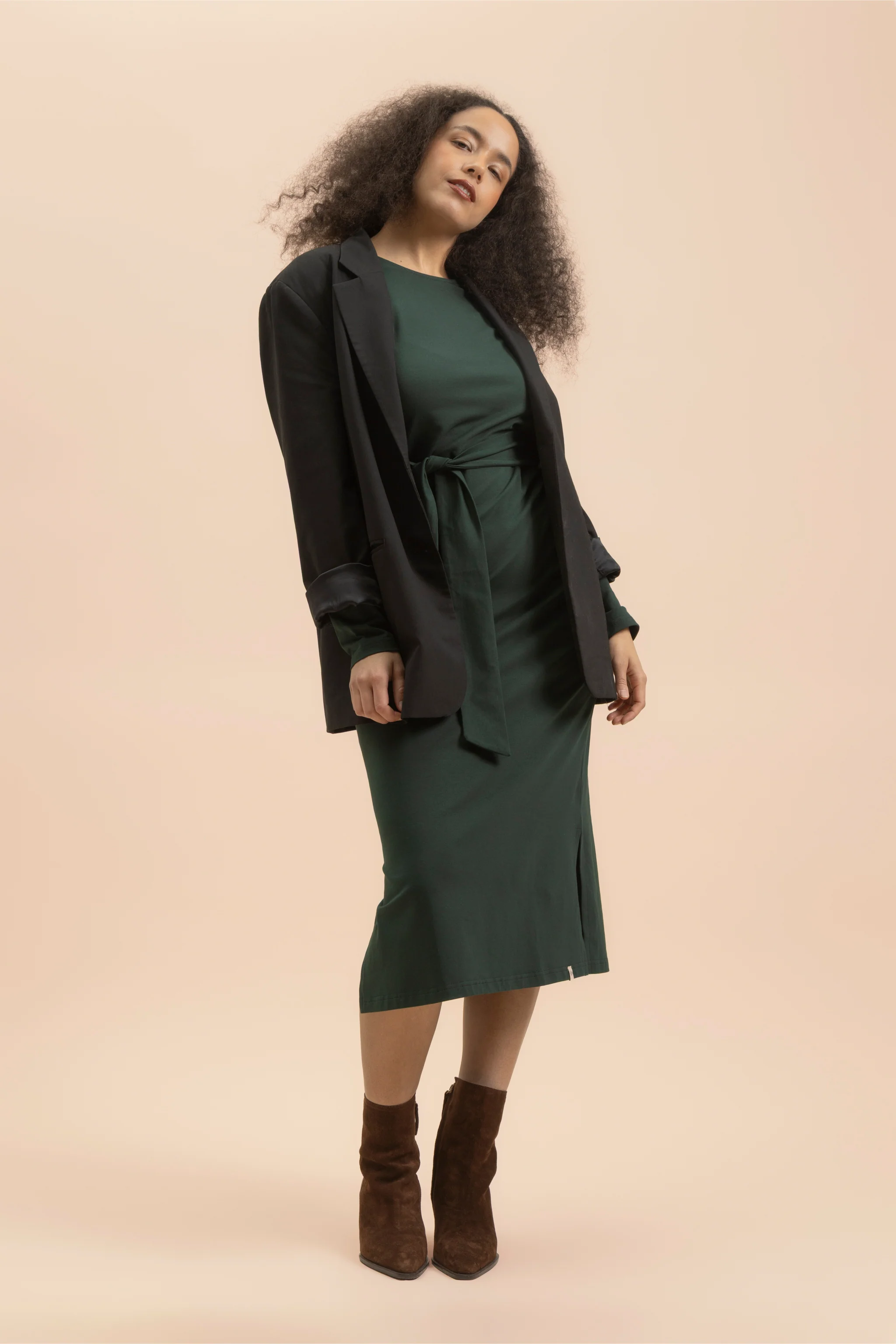 Midi Belted Dress, Dark Green - Image 6